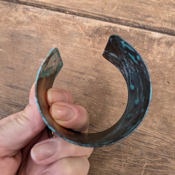 Blue Oxidized Rustic Wide Brass Cuff Bracelet - Picture 6 of 11